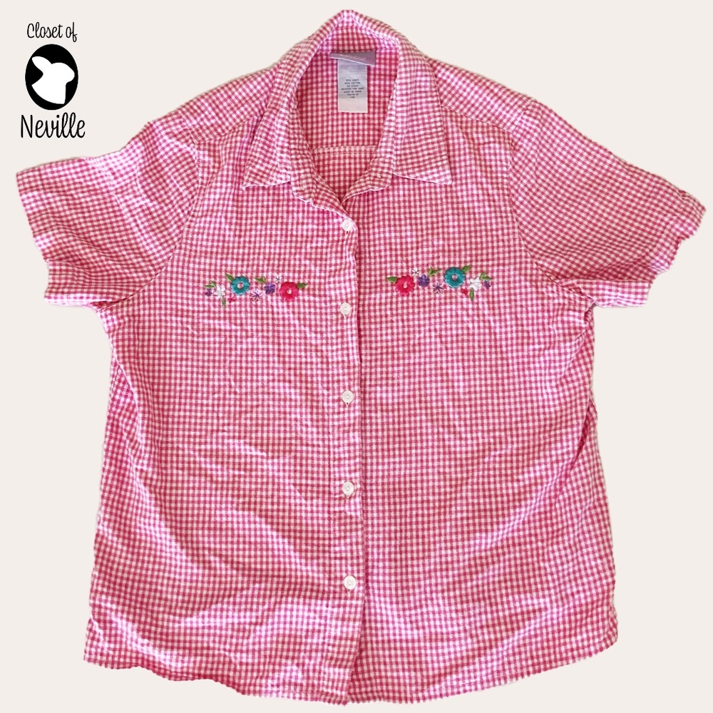 Vintage Blair Pink Checkered Blouse with Embroidered Flowers